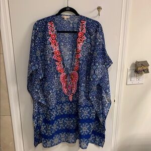 Rise & Bloom Blue and Pink Patterned Swim Coverup with a beaded tassel in Sz XL